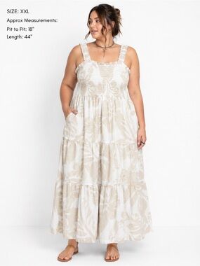 Gap Womens XXL Cream Beige Floral Linen Blend Smocked Tiered Maxi Dress ruffles